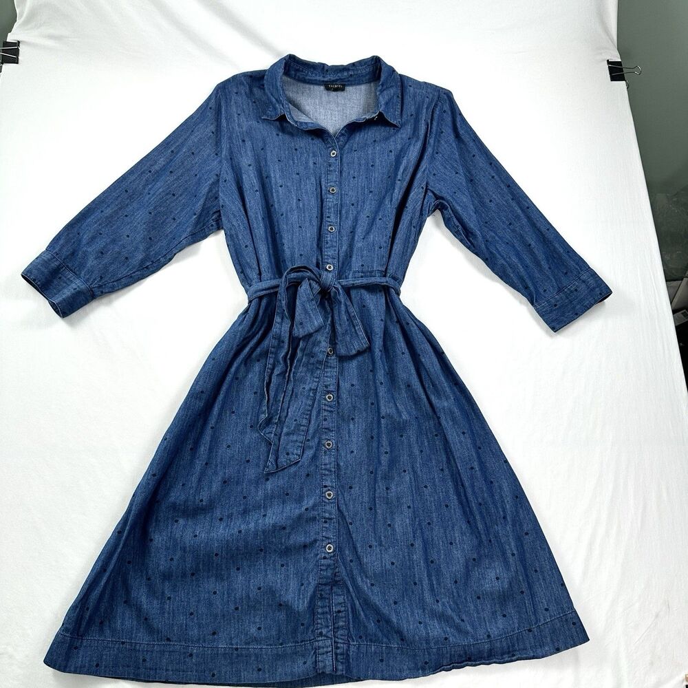 Talbots Chambray Shirt Dress Midi Polka Dot Womens 16W Blue Cotton Button Up - Picture 4 of 11
